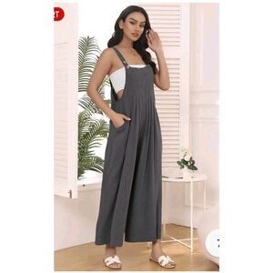 Boho Lagenlook Women Overalls L Large Wide Leg Casual Bib 100% Cotton Jumpsuit